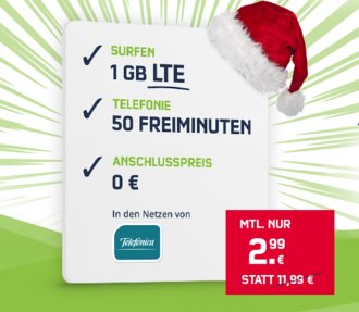 1 GB LTE Datenvolumen für nur 2,99 EUR! Kein Anschlusspreis!