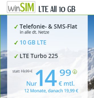 winSIM LTE All 10 GB für nur 14,99 im Monat