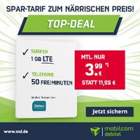 1 GB LTE Datenvolumen + 50 Frei-Minuten + 50 Frei-SMS für nur 3,99 EUR