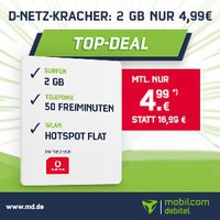 2 GB Datenvolumen + 50 Frei-Minuten + 50 Frei-SMS für nur 4,99 EUR