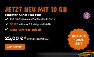 congstar Allnet Flat Plus mit 10GB für nur 25€ im Monat!